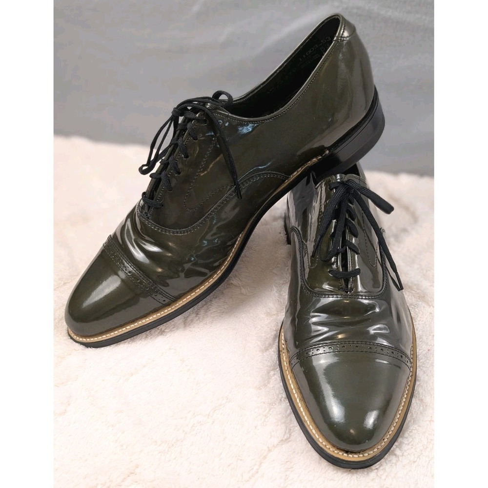 Stacy Adams Mens 10 D Olive Green Patent Leather Cap Toe Oxford Dress Shoes